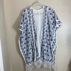By Anthropologie black and white embroidered fringe kimono